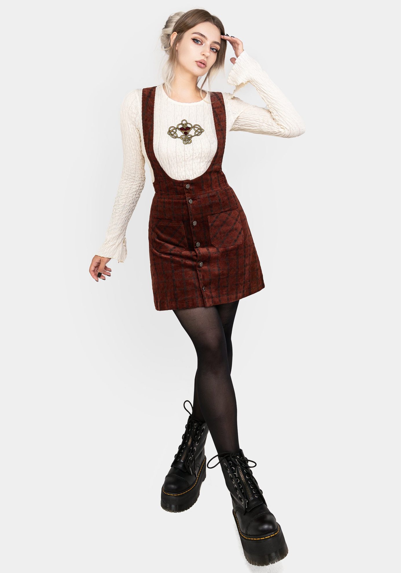 Terracotta Check Cord Mini Pinafore Skirt - Image 6