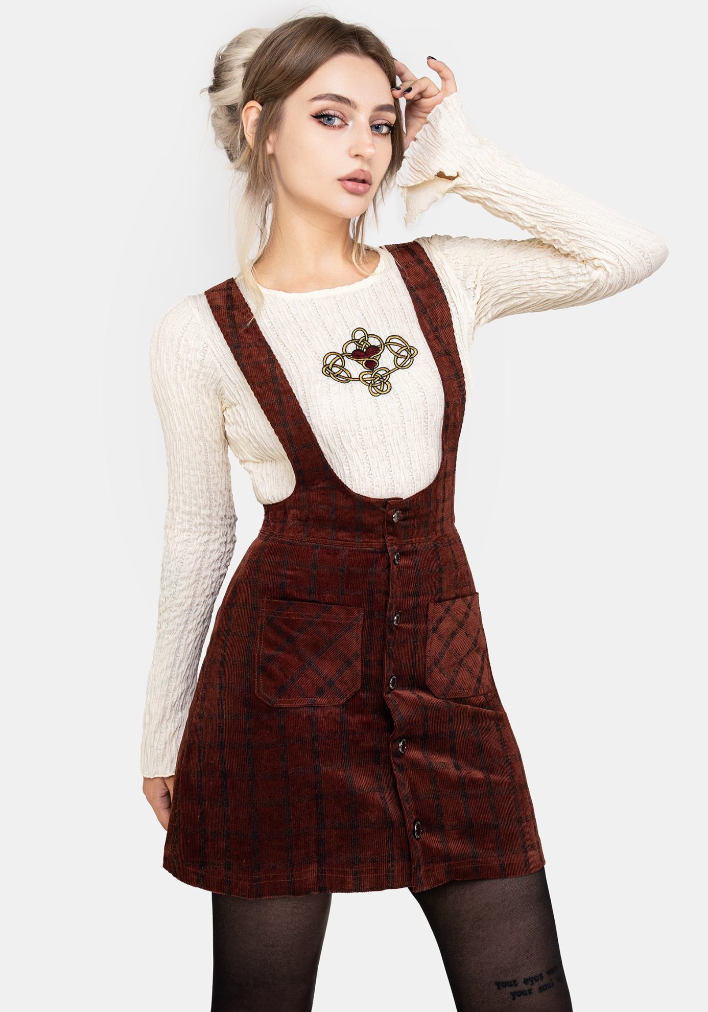 Terracotta Check Cord Mini Pinafore Skirt - Image 5