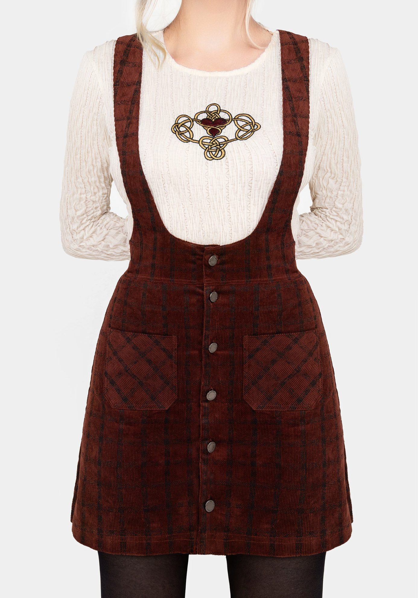 Terracotta Check Cord Mini Pinafore Skirt - Image 7