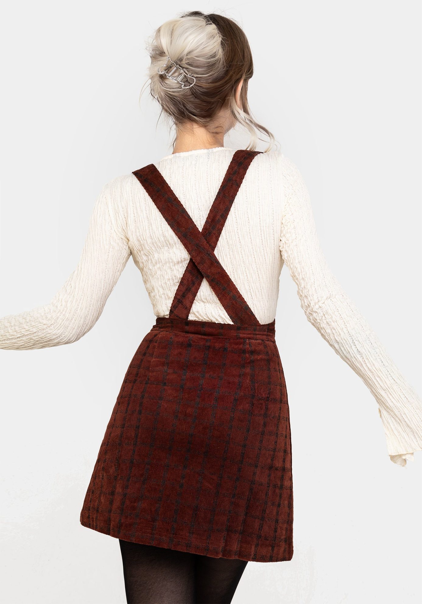Terracotta Check Cord Mini Pinafore Skirt - Image 3