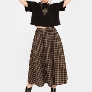 Terra Cotton Check Midi Skirt - Brown