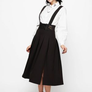 Despair Thistle Embroidered Tailored Pleated Pinafore Midi Skirt