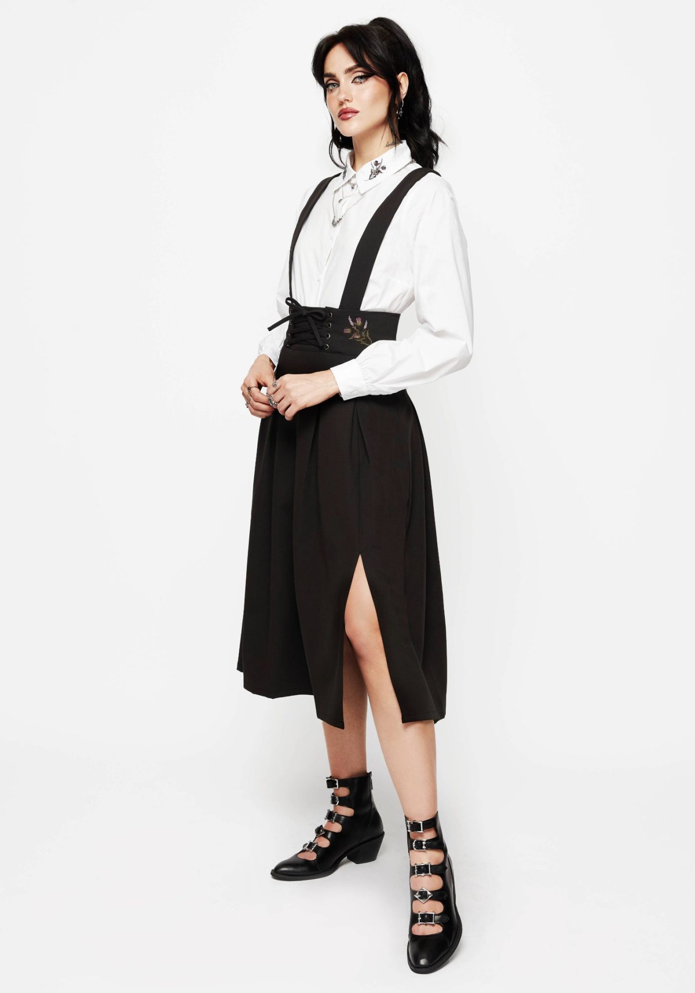 Despair Thistle Embroidered Tailored Pleated Pinafore Midi Skirt - Image 4