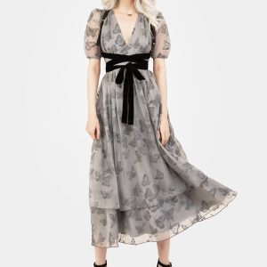 Vanessa Butterfly Print Organza Puff Sleeve Midaxi Dress